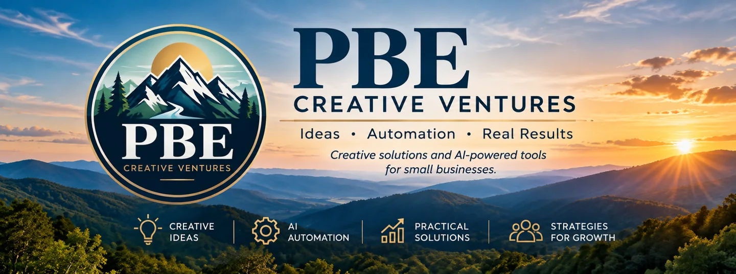 PBE Creative Ventures logo over a Blue Ridge mountain sunrise, with icons for creative ideas, AI automation, practical solutions and strategies for growth.